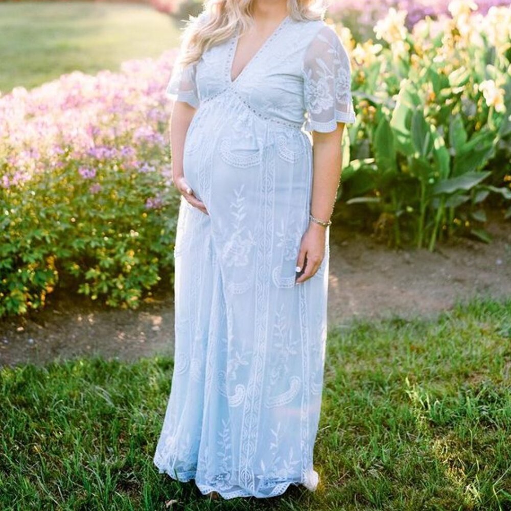 PINKBLUSH Light Blue Maternity Lace Mesh Overlay Maxi Dress